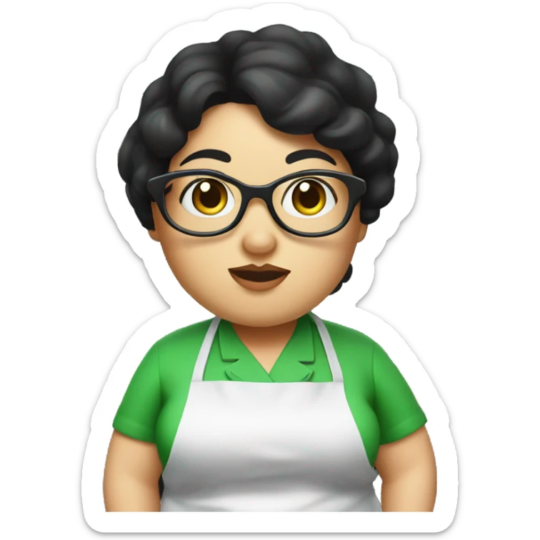 chubby lady with black hair and big eyes green apron  with glasses cooking  sticker
