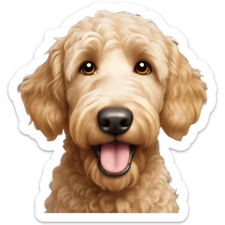 Golden doodle dog showing tongue white head brown ears and brown patch on head sticker
