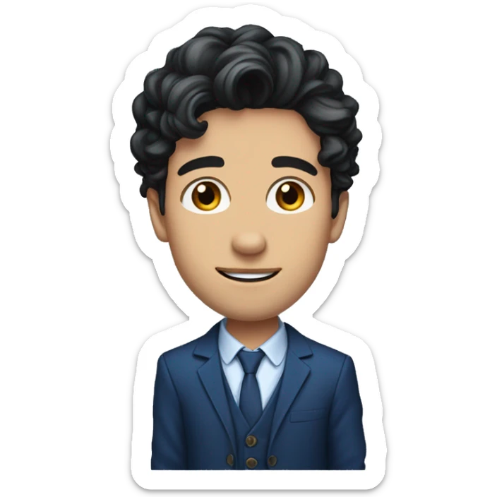 26 year old male portrait, small yes, black wavy hair, blue suits, sticker