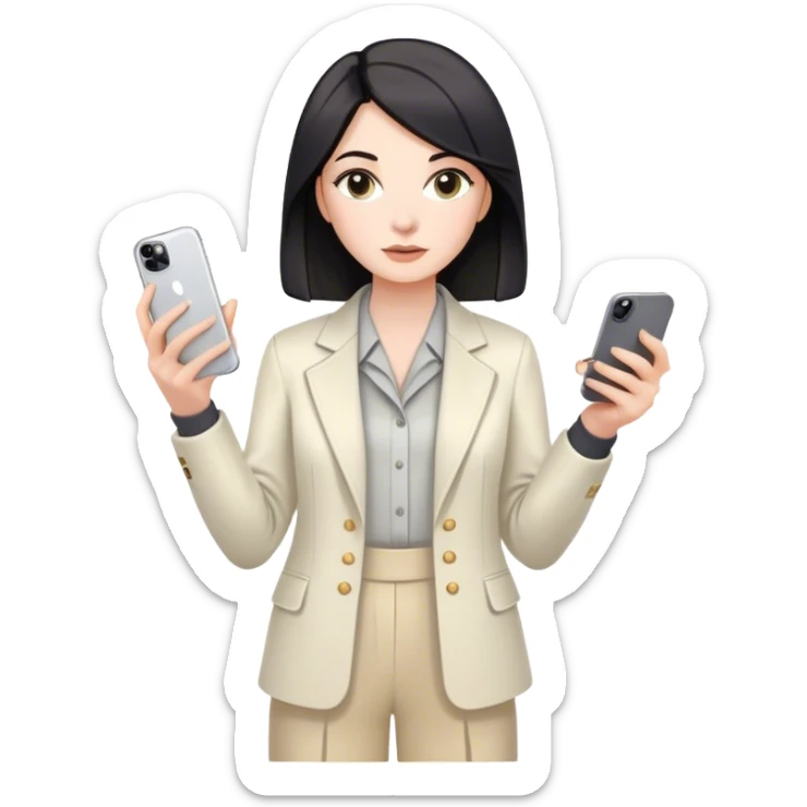pale skin woman with dark Straightened bob Hair, White Spacious classical jacket, beige palazzo Arrow pants and gray blouse holding white IPhone 14 pro in the hands sticker