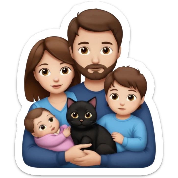 1 mom brown hair, 1 dad, 1 baby and 1 black cat sticker