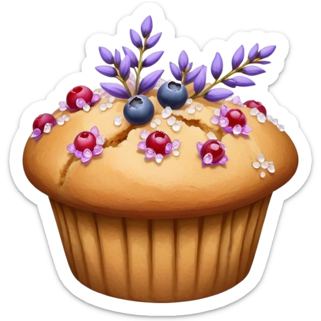 Lavender flower sprigs on a muffin with berries and sugar crystals without frosting  sticker