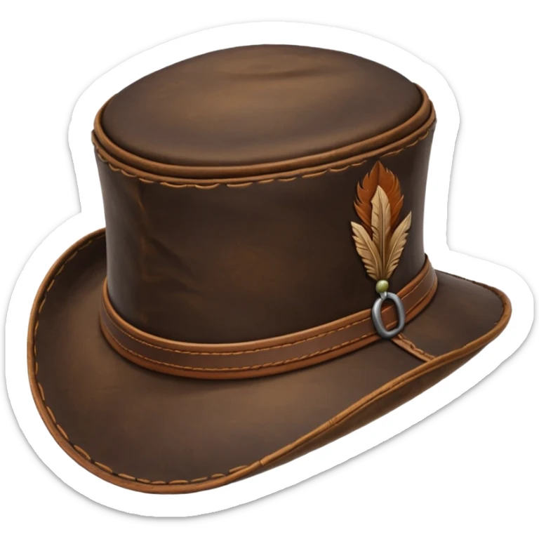 A large wide-brimmed 17th-century leather hat, made of dark brown aged leather. The brim is broad and slightly curved downward, designed to provide strong protection from sun and rain. sticker