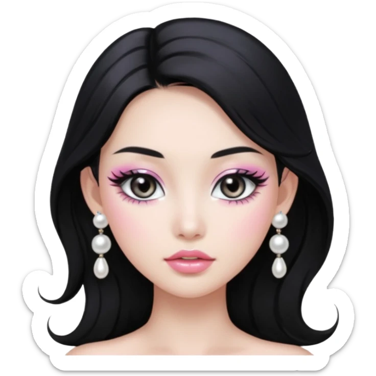 asian long voluminous black hair silver grey eyes glossy lips glittery white and light pink eyeshadow girl pearl earrings sticker
