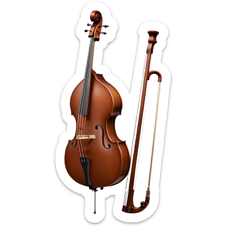 Create an elegant and detailed emoji representing a Gliga Gama double bass with bow. The design should showcase the large, sleek body of the double bass with its rich wood finish, including the characteristic curves and deep tone holes. The bow should be elegantly positioned next to the instrument, highlighting the hair and smooth wooden stick. Use warm wood tones like chestnut brown for the body of the bass, silver accents for the fittings, and dark brown for the bow. Add subtle musical notes or sound waves flowing from the bass to represent its deep, resonant sound. The background should be transparent. sticker