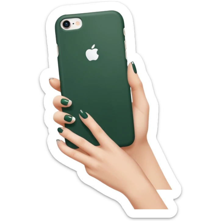 female hand with nude manicure (5 fingers) holding a white iPhone in a dark green case, minimalism, side view sticker