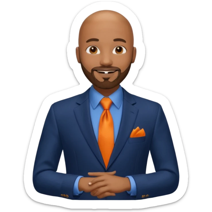 headshot of a sophisticated, stylish, bald head, smiling Caribbean black man with a beard and goatee in a navy blue suit, orange tie sticker