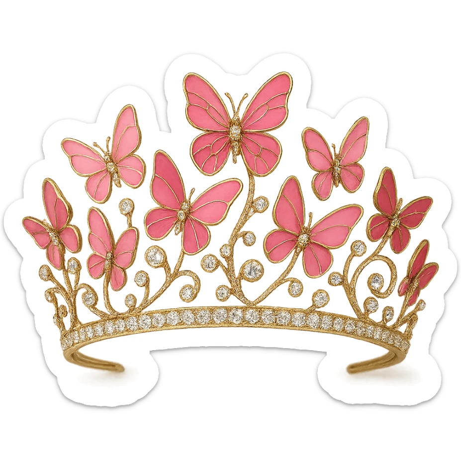 butterfly crown with a pink base, butterflies in various pink enamel shades, sparkling gems, transparent background sticker