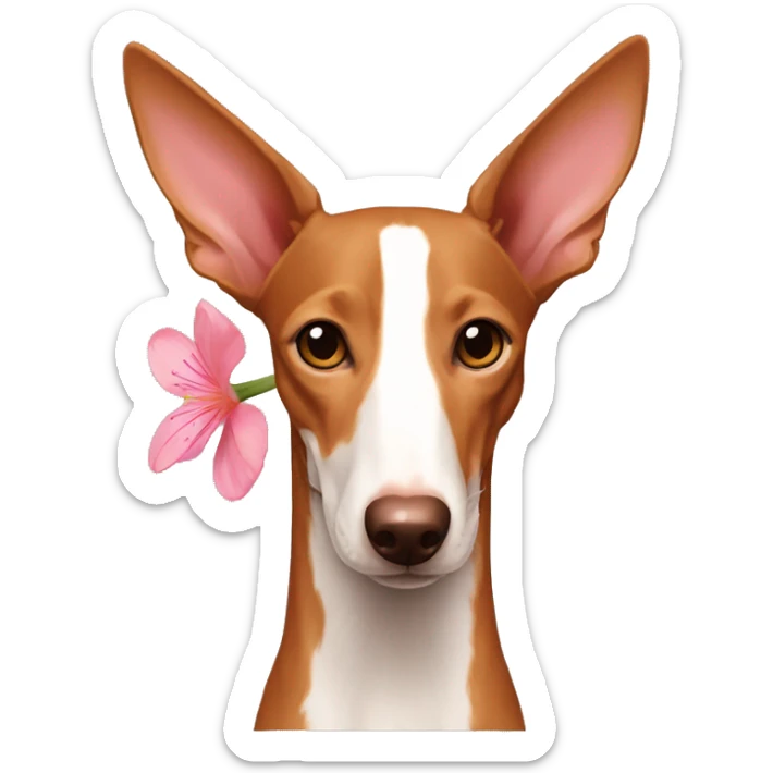 Un podenco marrón con el pelo rosa y una flor en el pelo sticker
