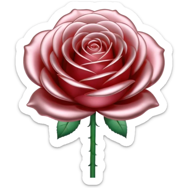 A rose emoji made of liquid silver metal, smooth metallic petals, reflective chrome surface, soft gradients, elegant shape, minimalistic iOS emoji style, centered, clean white background, realistic highlights, no text sticker