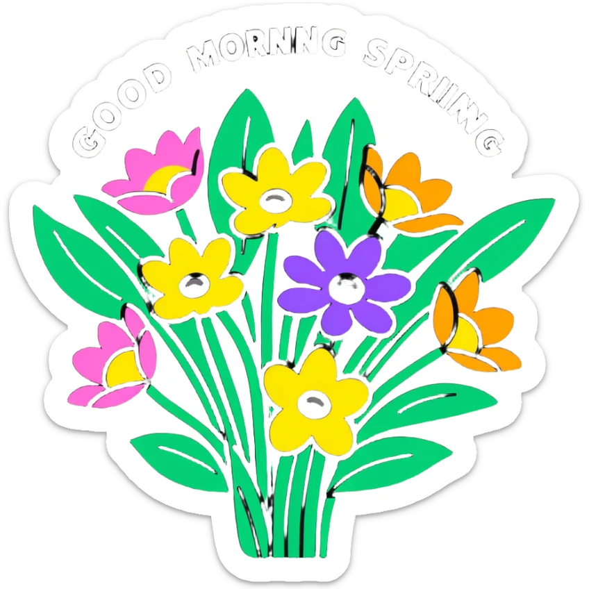Spring flowers in beautiful garden with morning sun with inscription Good morning  sticker