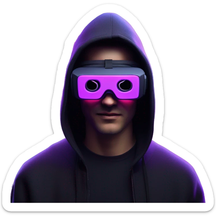Russian man wearing a black hoodie with "OMG" letters on it and VR headset oculus quest 2 in a cyberpunk VR environment with violet neon lighting. Showing direction with hand sticker