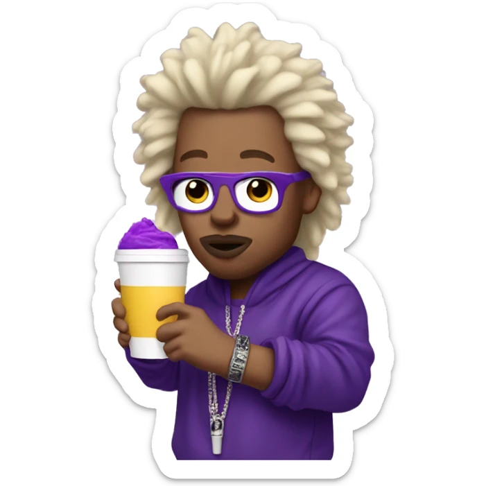 white rapper with blonde fluffy hair  sipping purple drink in white cup sticker
