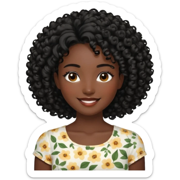 a young woman.She has voluminous, curly black hair that frames her face beautifully. Her skin tone is black light and glowing, and she has a subtle, natural makeup look. She’s smiling softly at the camera. She is wearing a white floral top sticker