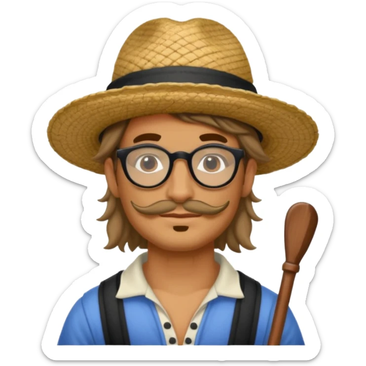 very tattoed face, normal glassess, fat venice gondolier with iconic hat and thick hair sticker