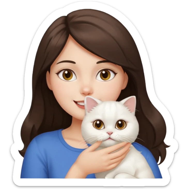 brunette girl holding a white Persian cat close to her face, both with happy expressions, apple emoji style sticker