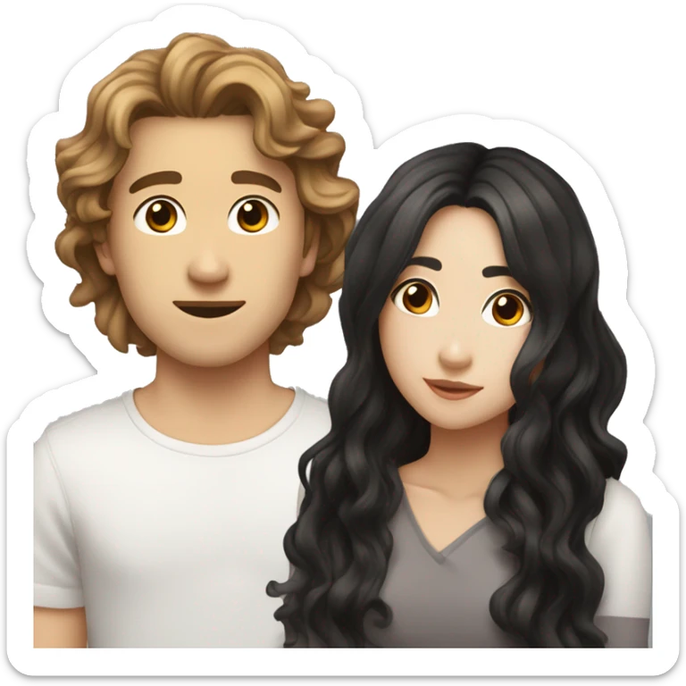 Make a guy that is young with brown hair and wavy medium  long hair  kiss a Asian white with medium long wavy black hair  sticker