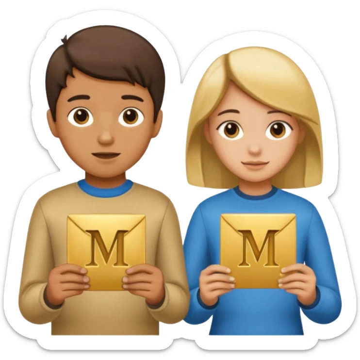 Create two letters, N and Y, in the shape of sisters. Create an image of a boy holding the letter N and a girl holding the letter M  sticker