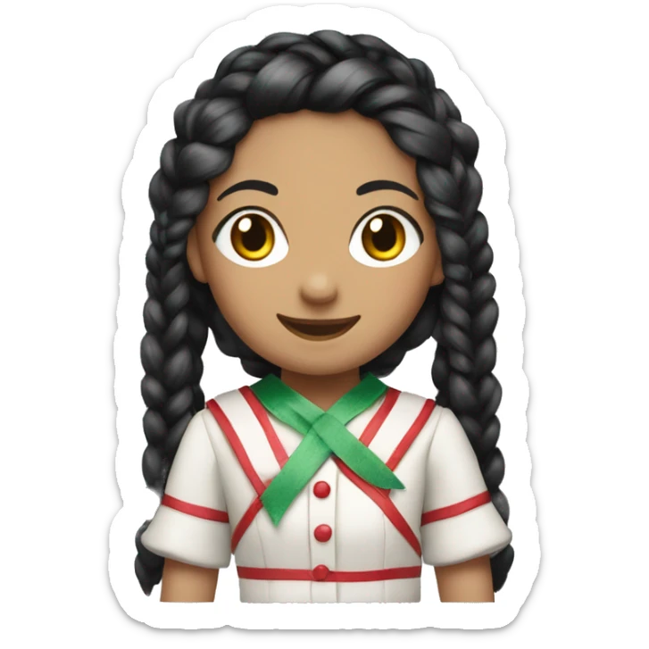 Doll with black hair in two braids with red, green, white ribbons smiling  sticker