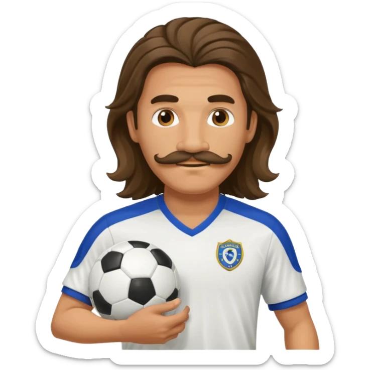 long haired man soccer player with mustache holding soccer ball sticker