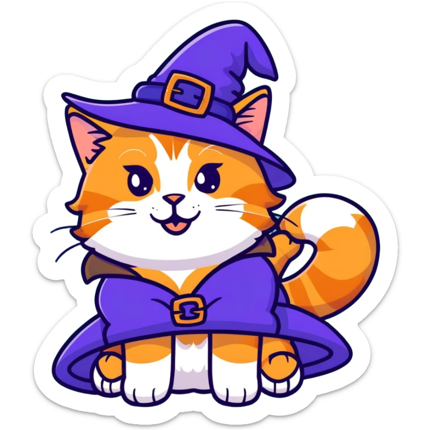 full body Maine coon ginger tabby cat flopped over on her back wearing an indigo witch hat sticker