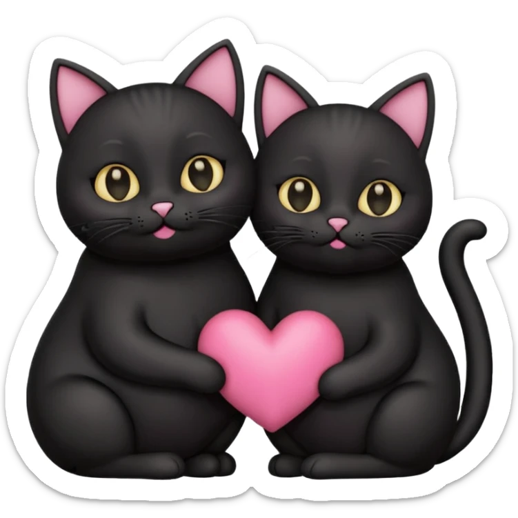 two fat cute black cats love, pink heart, closed mouth, black ears sticker
