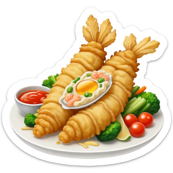 Cinematic Realistic Tempura Dish Emoji, depicted as lightly battered and fried seafood and vegetables rendered with delicate textures and crisp, inviting lighting. sticker