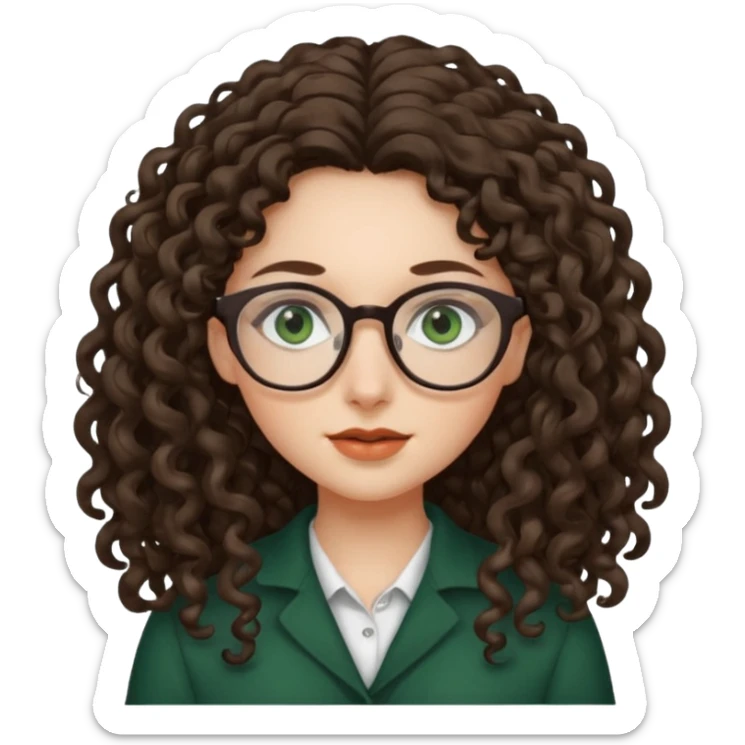 rapariga, olhos verdes escuros, cabelos compridos aos caracóis, com óculos sticker