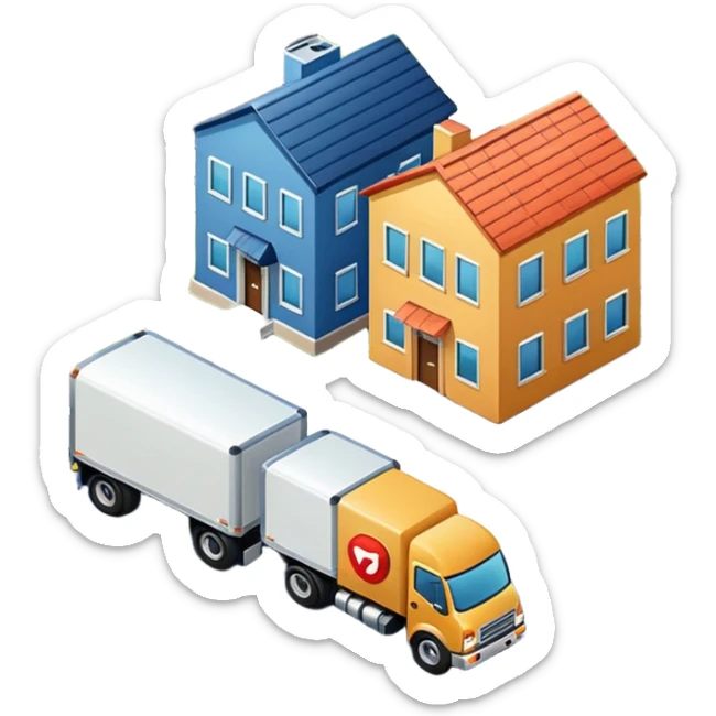 top view of a truck, package, company building, and house side by side, connected by street lines, clear layout, apple emoji style sticker