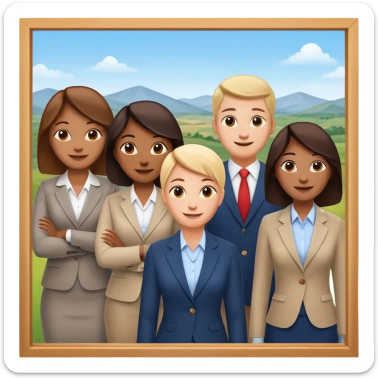 Employees of a startup company with a countryside view outside the window sticker