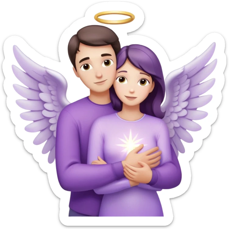 White brunette man human ray of light hugging a pastel purple woman angel sticker