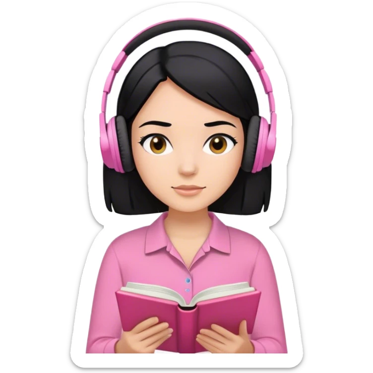 Chica de pelo negro con piel normal y camiss rosa leyendo un libro con audifonos sticker