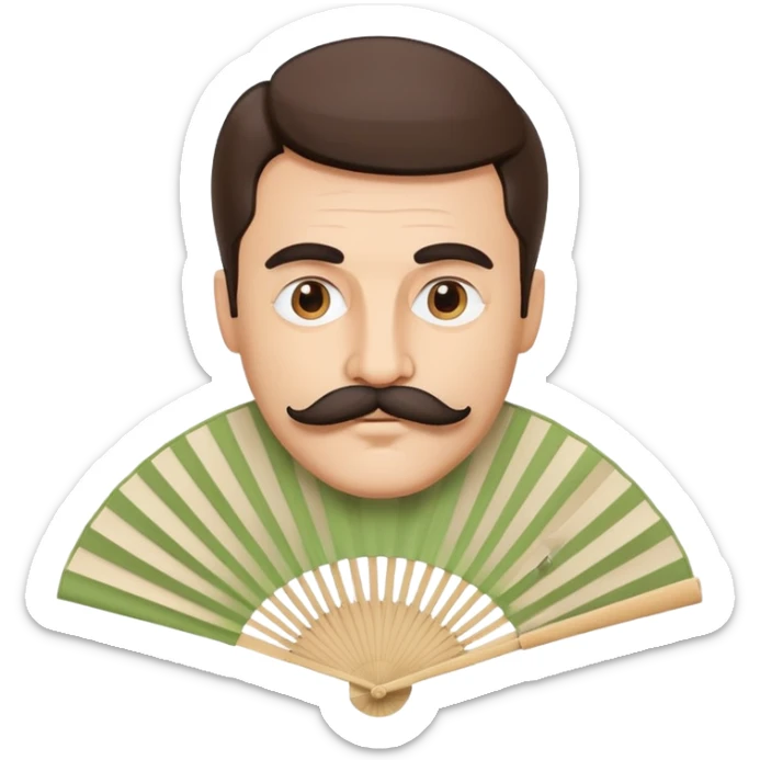 Folding paper fan with an Italian man with mustache printed as decoration on the fan surface sticker
