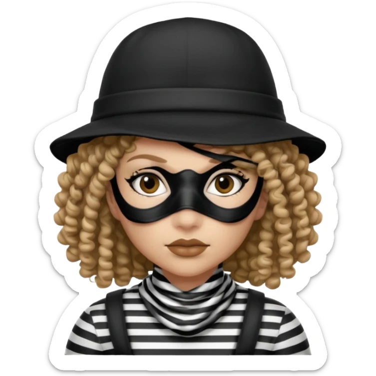woman with robber mask concerned curly hair and robber outfit hat sticker