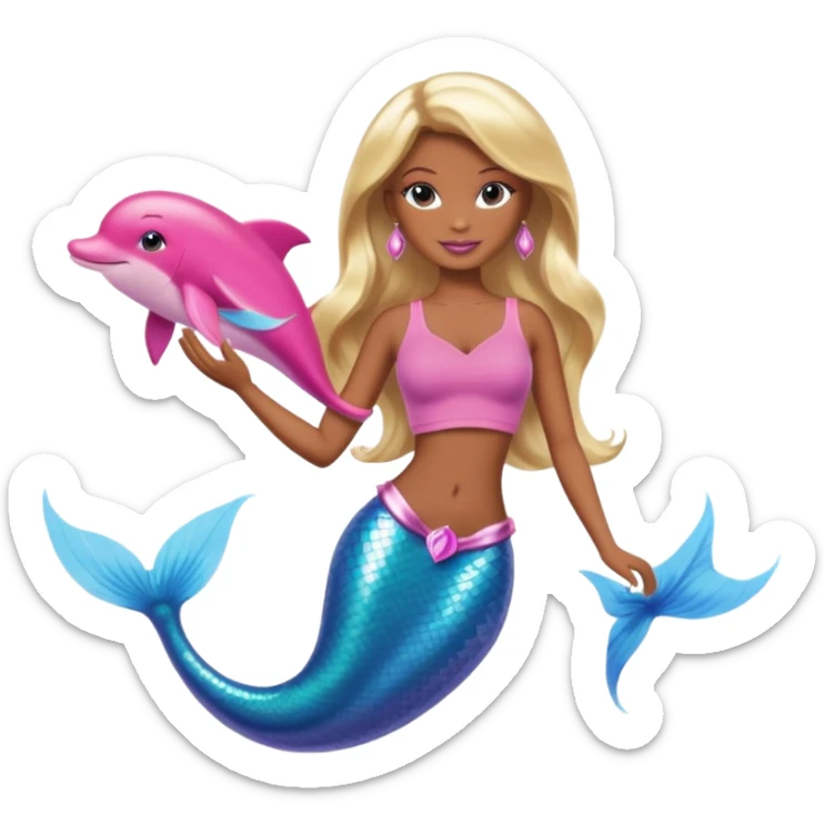 Brown skin blonde hair barbie mermaid with pink dolphin  sticker