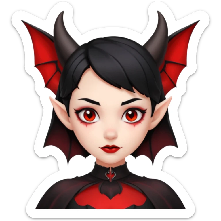 demon girl, skin 100% solid red (no pale/blush), black hair, small horns, pointed ears, bat wing, black open-back dress, bold black outlines, red+black palette sticker