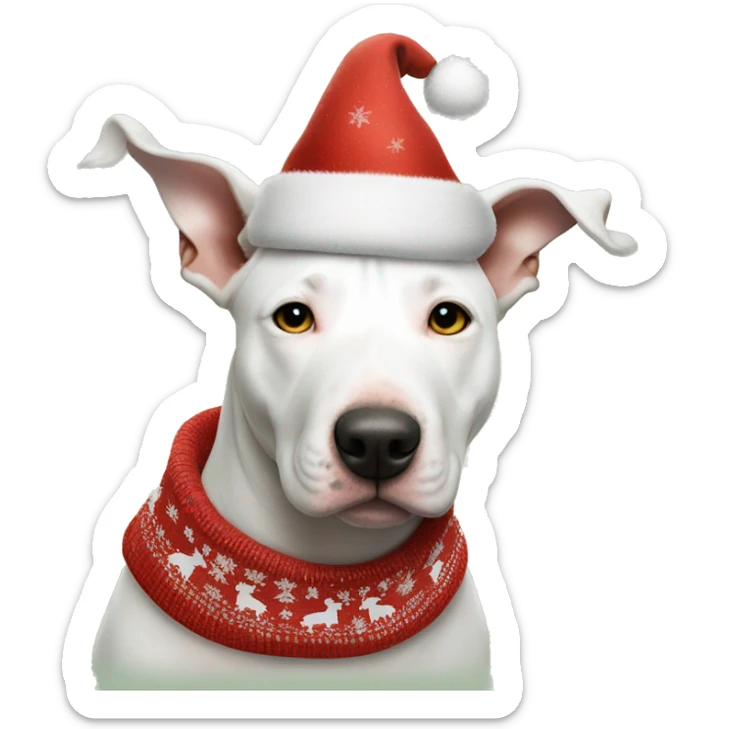 white American Bull Terrier, with spots on the eyes and forehead, in Christmas clothes, a hat sticker