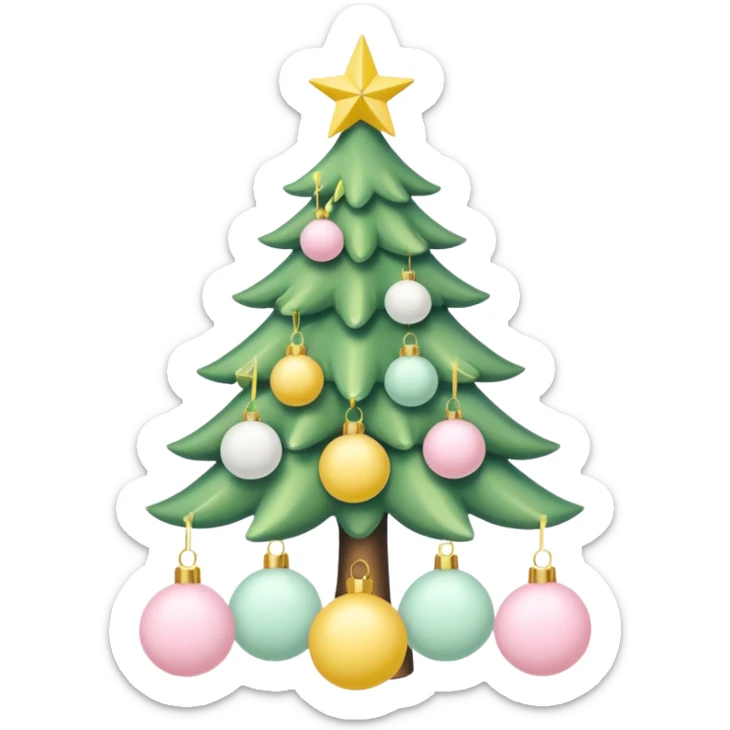 a pastel green christmas tree with pastel ping and white christmas orbs and a yellow star sticker