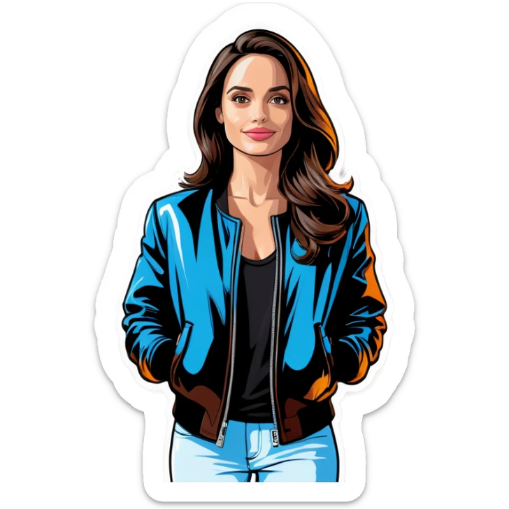 Jolie brune blouson de cuir noir t-shirt blanc sur fond noir sticker