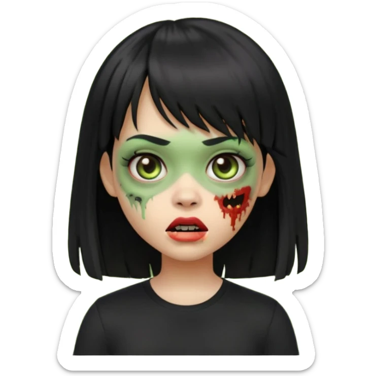 uma garota zumbi no formato Memoji da apple com o cabelo cumprido, preto liso e com franja, blusa preta sticker