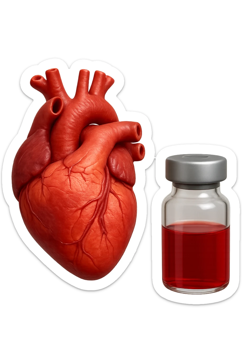 emoji stile iphone di cuore anatomico realistico in 3d che fluttua in aria insieme a una boccetta di fiala medica, FALLO MOLTO REALISTICO IN 3D sticker