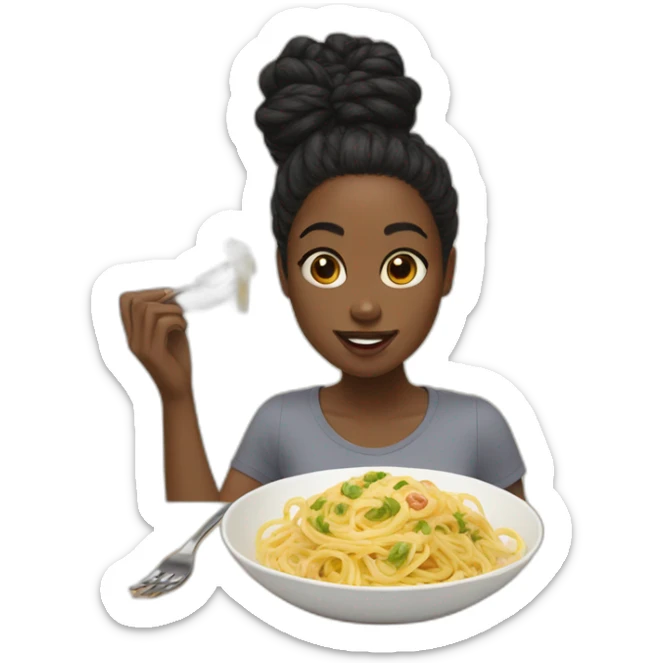 A black girl, black hair in a bun  eat pasta carbonara sticker