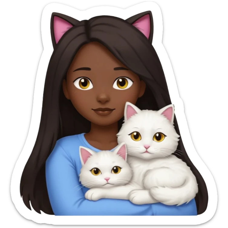 a girl with long dark hair and a white fluffy cat lying on her left shoulder and neck, emoji style, suitable for Discord and Slack sharing sticker