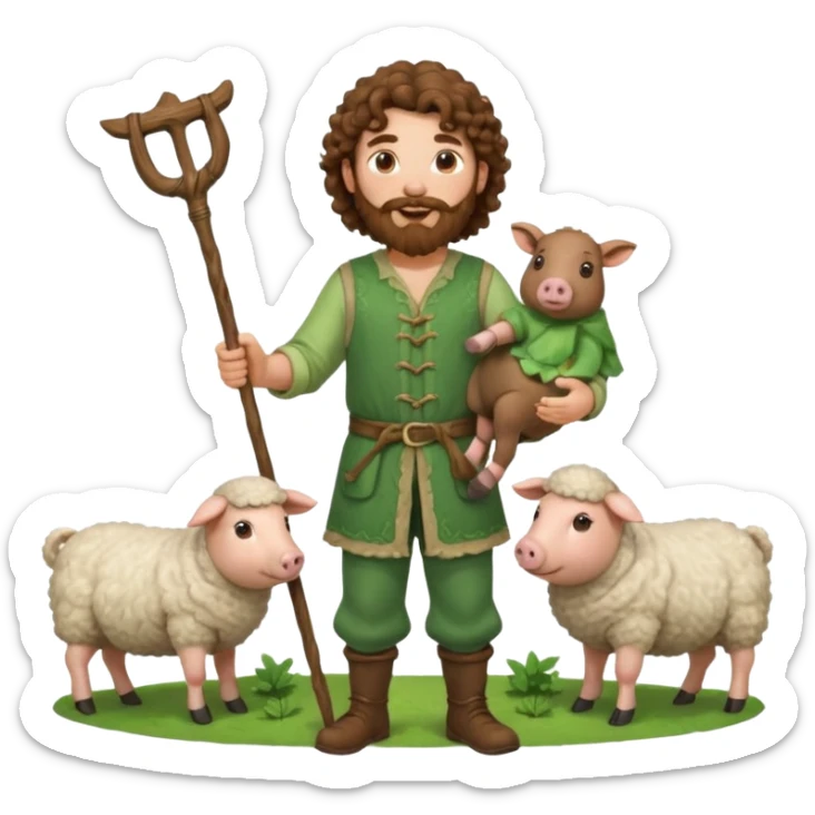 happy young shepard with long curly brown beard and long curly brown hair, in green magical outfit, with wooden shepard stick in hands, taking care of sheep and pigs sticker