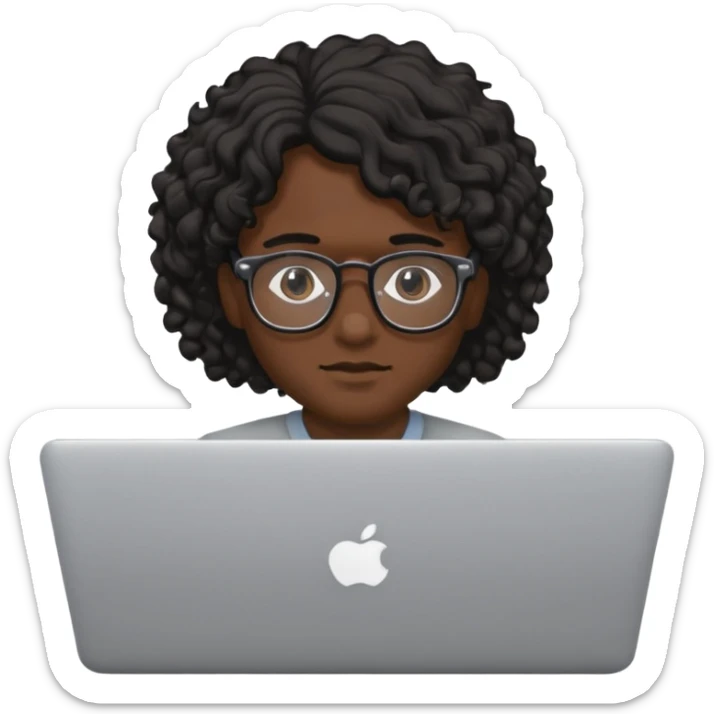 guy with wavy kinda curly black hair and skin cream and glasses, with a macbook sticker