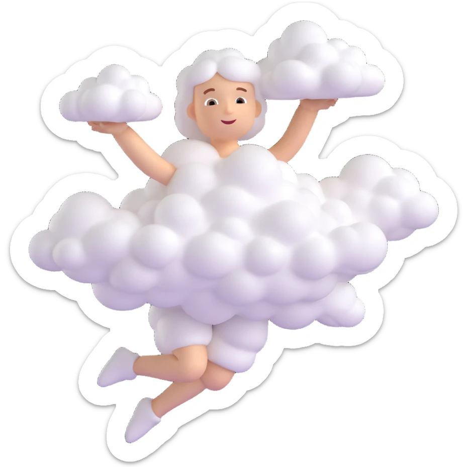 a minimalist and airy human figure flying, entirely composed of small, very white, fluffy, convex clouds, no background, no extra details sticker