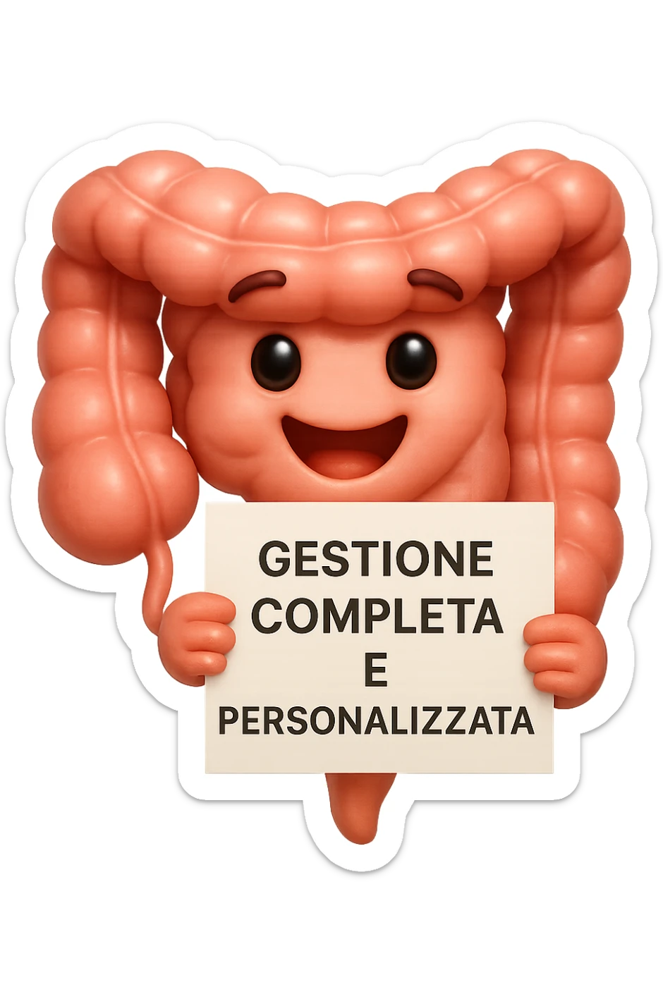 emoji stile iphone di un intestino umano anatomico ED ESPRESSIONE FELICE MENTRE LEGGE con foglio in mano con la scritta "GESTIONE COMPLETA E PERSONALIZZATA"
IPERREALISTICO 4K sticker