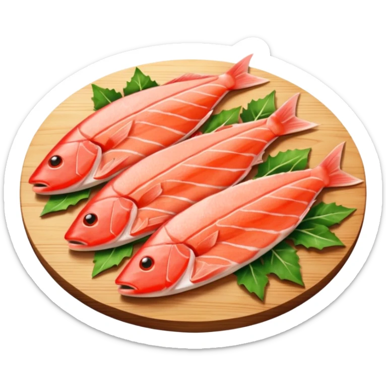Draw raw fish fillets arranged on a wooden board with skin & flesh texture visible. sticker