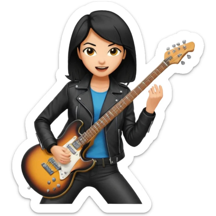 Young woman – standing on stage, leather jacket, playing electric guitar, energetic pose sticker