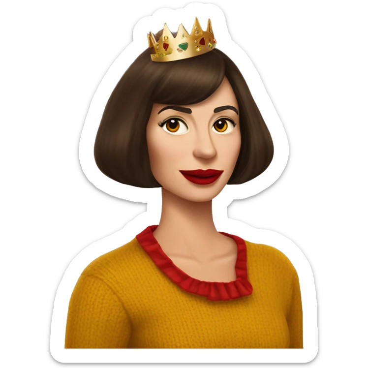  She has red lipstick with a closed mouth smirk holding a martini in one hand White English woman with very long dark brown hair and face framing layered bangs dressed in a mustard yellow sweater with birthday crown and negroni in hand sticker